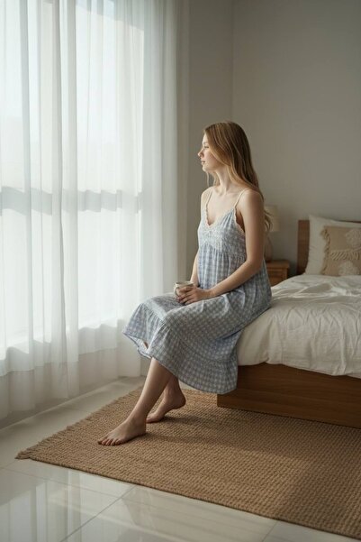 pajama set Blue Gingham Floral Sleeveless Nightdress – Ruffle Hem Lounge Dress