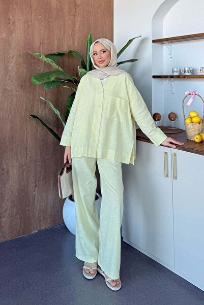 Hazamoda Λινό Σετ Παντελονιού Κίτρινο