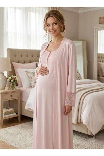 Lohusa Dünyasi Kadın Pudra Dantelli 2'Lİ Lohusa Hamile Gecelik Sabahlık Takım...