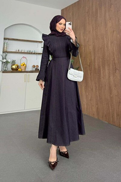 Hazamoda فستان لي لي من الدنيم بتفاصيل كشكشة على الكتف بلون البرقوق