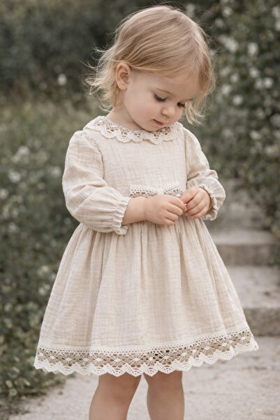 Pure Boutique Rochie fetite muselina bej eleganta cu dantela rochie copii oca...