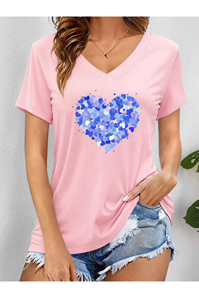mercoledi Women's Heart Printed V-Neck Sleeved Regular Fit T-Shirt
