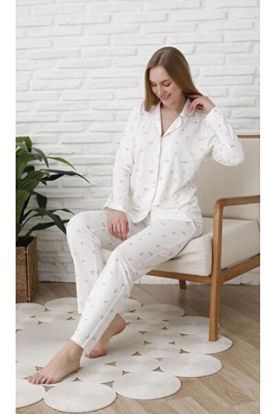 Espuar Дамски комплект пижама с дълъг ръкав и яка, с памучен плат и цветя