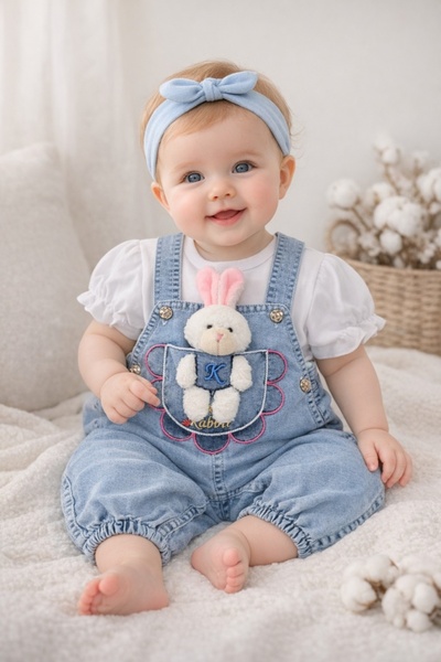 Pure Boutique Set bebe fetite salopeta denim cu iepuras si tricou alb, haine ...