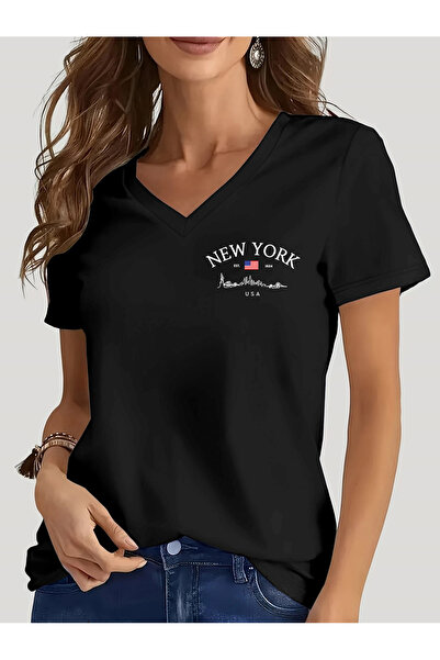 mercoledi Γυναικείο μπλουζάκι New York με τύπωμα με λαιμόκοψη V και κανονική ...