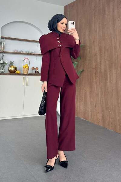 Hazamoda بدلة بيرجن بأزرار باللون الأحمر الداكن