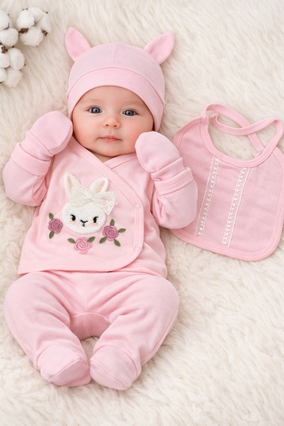 Pure Boutique Set nou nascut fetite 5 piese roz cu iepuras pantaloni caciulit...