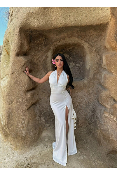 kırmızı butiks Λευκό φόρεμα με λαιμόκοψη και σκίσιμο