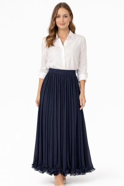 REMİS Women's Navy Blue Pleated Chiffon Elastic Flared Skirt