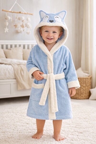 Pure Boutique Halat baie copii albastru cu gluga animalut bumbac