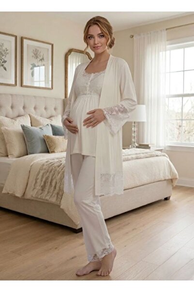 Lohusa Dünyasi Women's Ecru Lace Piece 3-Piece Maternity Pajama Set with Dres...