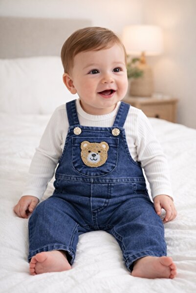 Pure Boutique Set bebe baieti salopeta denim cu ursulet si bluza alba cu mane...