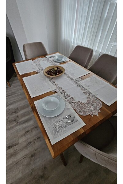 DOLUNAY HOME TEKSTİL Linen Textured Luxury French Lace American Set -12 Perso...