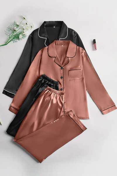 Sweet Dream Women's Satin Short-Sleeve Pajama 2 Sets with Button Soft Sleepwe...