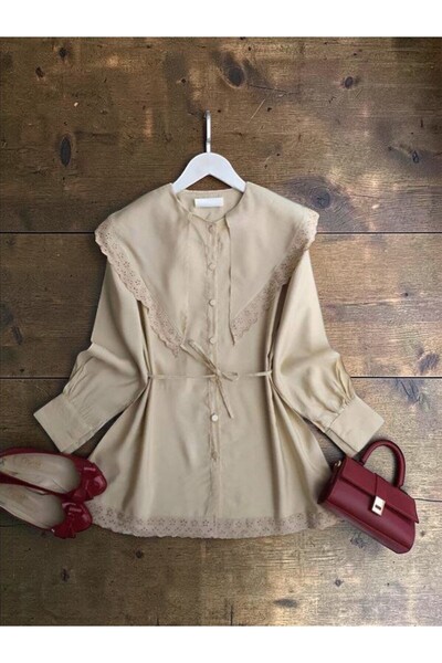 ŞAHİN TESETTÜR GİYİM DANTEL DETAYLI SİVRİ BÜYÜK YAKA GÖMLEK TUNİK 5703