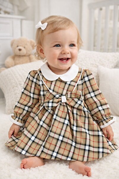 Pure Boutique Rochie bebe fetita eleganta in carouri cu funda mare si guler alb,