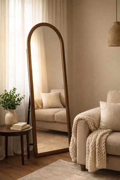 MARIA HOMES Brown Wooden Frame Arch Standing Mirror 170x60cm Full Length Floo...