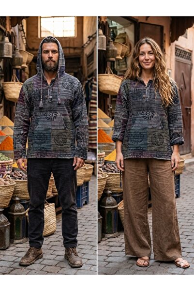 AYASOFYA OTANTIK Unisex Indian Ethnic Vintage Patterned Hooded Kangaroo Pocke...