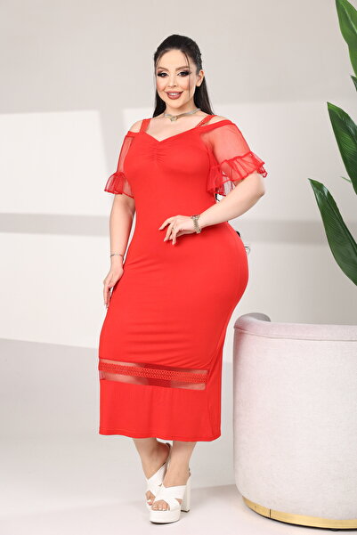 BONİTA FASHİON Plus Size Ruffled Tulle Sleeves Thick Straps Front Ruched Hem ...