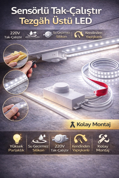 BRK LİGHTİNG Sensörlü Tak-Çalıştır Tezgâh Üstü LED Aydınlatma 2 Metre