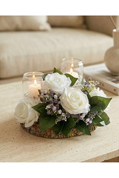 PAKETA Doğal Kütük Altlıklı Çiçekli Şamdan