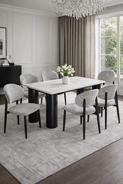 MARIA HOMES Modern Marble Top Dining Table Set with 6 Upholstered Chairs 180x...
