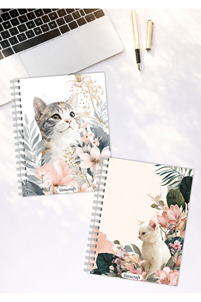 VORACRAFT A5 Spiralli Karton Kapak 2’li Set Çizgili Kedi Temalı Okul Defteri ...