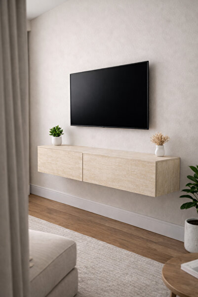 Nenu Nova Mermer Desenli Tv Unitesi Traverten Kapaklı Tv Unitesi Duvara Monte