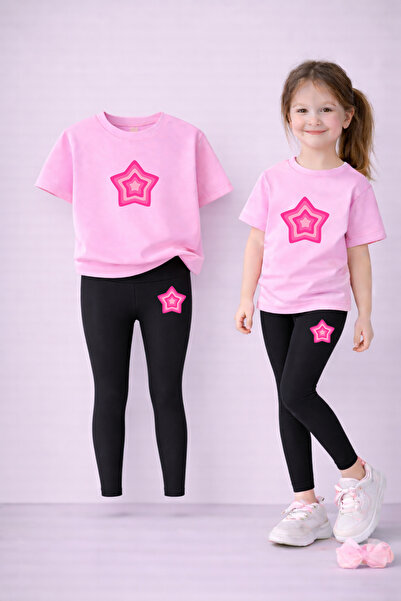 LORVEX Girls' Set T-Shirt and Stretchy Leggings Set 100% Cotton Color Star Pr...