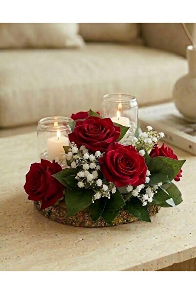 PAKETA Doğal Kütük Altlıklı Çiçekli Şamdan