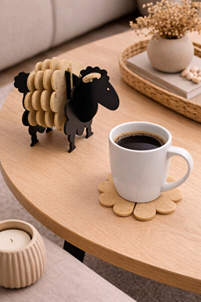 Taşteks Kuzu Tasarımlı Bardak Altlığı Seti – Siyah MDF Gövdeli, 5 Adet Keçe B...