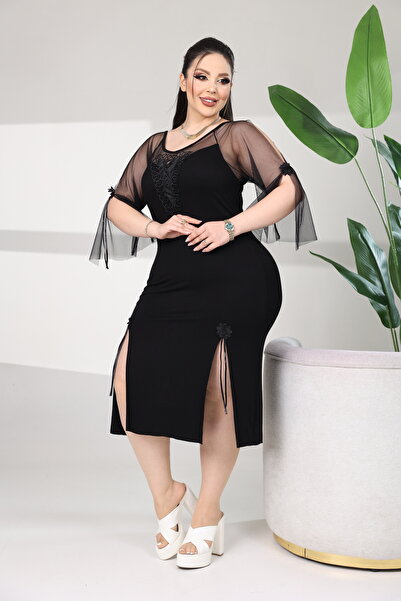BONİTA FASHİON Women's Plus Size Tulle Detail Double Slit Stylish Lace Appliq...