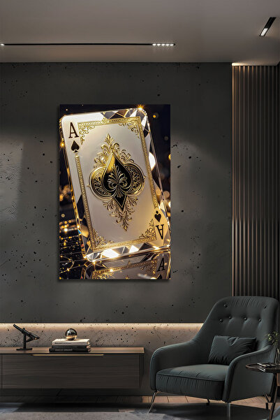 B&G DESIGN Altın Varaklı Maça Ası Lüks Dekoratif Şans Temalı Cam Tablo