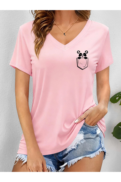 mercoledi Women's Minimal Printed V-Neck Sleeved Regular Fit T-Shirt