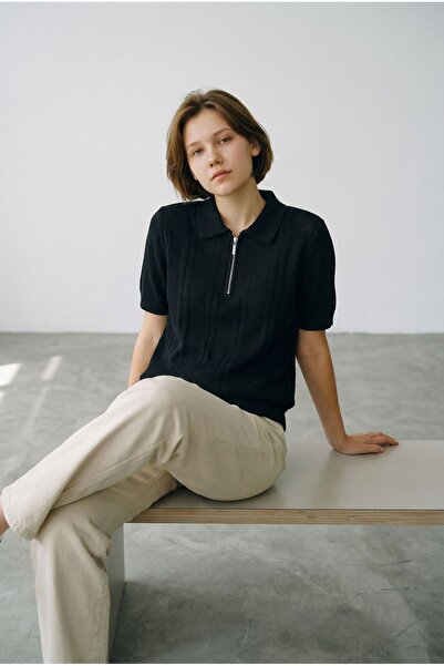 ÖNDER MODA Textured Half Zipper Women's Knitwear Polo Blouse