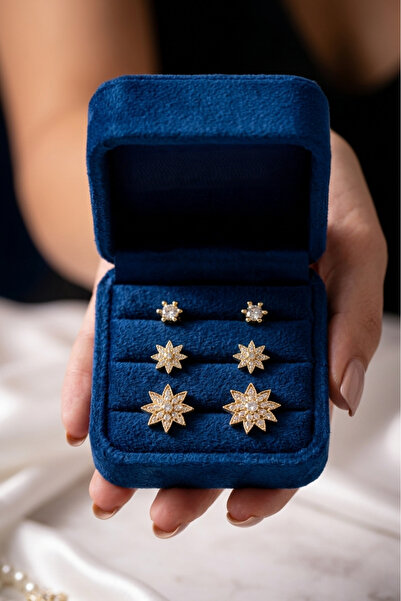 POEM JEWELLERY 18 Ayar Altın Kaplama Zirkon Taşlı Güneş Yıldız 3'lü Paslanmaz...