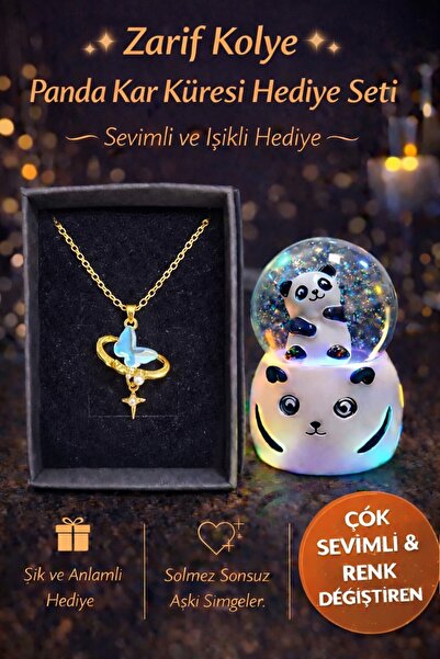 Selvica Işıklı Pandalı Kar Küresi Zarif Mavi Kalp Kolye Doğum Günü Hediyesi K...