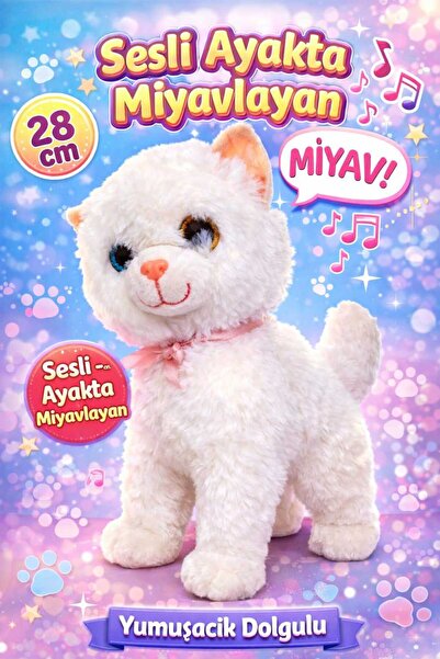 Aksoy Toys Sesli Ayakta Miyavlayan 28 cm Peluş Yumuşacık Uyku Arkadaşı Kedi