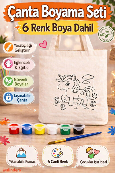 Alindero HAZIR GÖRSEL Bez çanta çocuk boyama çantası UNİCORN tote bag Doğum g...