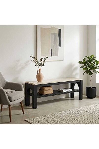 Arnohome Modern TV stand with a marble top and black legs featuring a geometr...