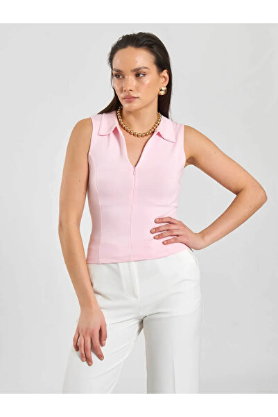 BIGNUANCE Soft Pink Zippered Polo Neck Sleeveless Knitted Body Casual Comfort...