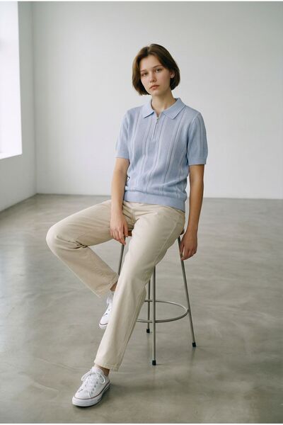 ÖNDER MODA Textured Half Zipper Women's Knitwear Polo Blouse