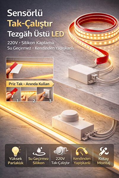 BRK LİGHTİNG Sensörlü Tak-Çalıştır Tezgâh Üstü LED Aydınlatma 2 Metre