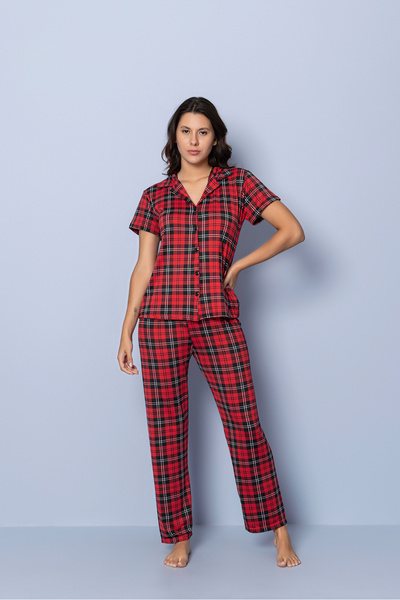 PIOVE Kadın Kırmızı Ekose Desenli Pijama Takımı – Düğmeli Üst Pantolon Rahat ...