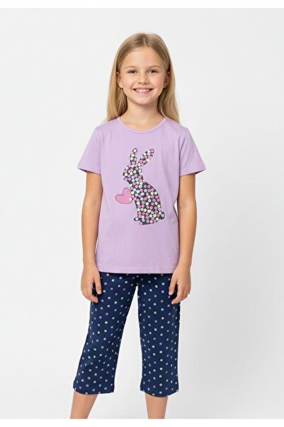 Serena Pijama fete Paște, Mov – tricou bumbac 100% și pantaloni 3/4