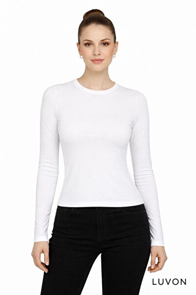 LUVON White Crew Neck Basic Ultra Soft Women's Long Sleeve Bodysuit