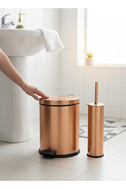 İSAOĞLU YAPI Matte Copper Trash Can and Toilet Bowl Brush Set Matte Bronze Pe...