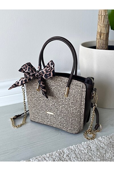 Nura Collection Brown-Cream Women's Straw Milas El Ve Shoulder Bag