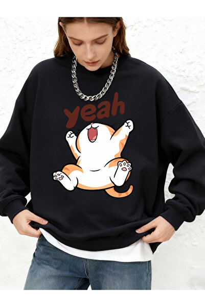 NOISSEY Yes Happy Cartoon pisică cu imprimeu cu glugă Topuri pentru femei Iar...