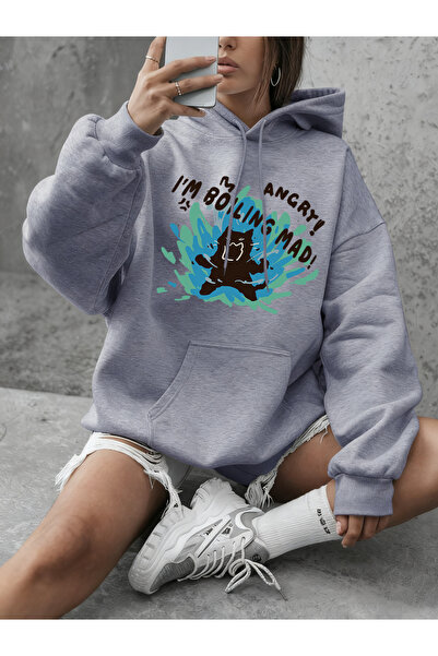 NOISSEY بلوزات Boiling Mad Angry Cat مطبوع بغطاء رأس للشتاء للنساء P صوف الفل...